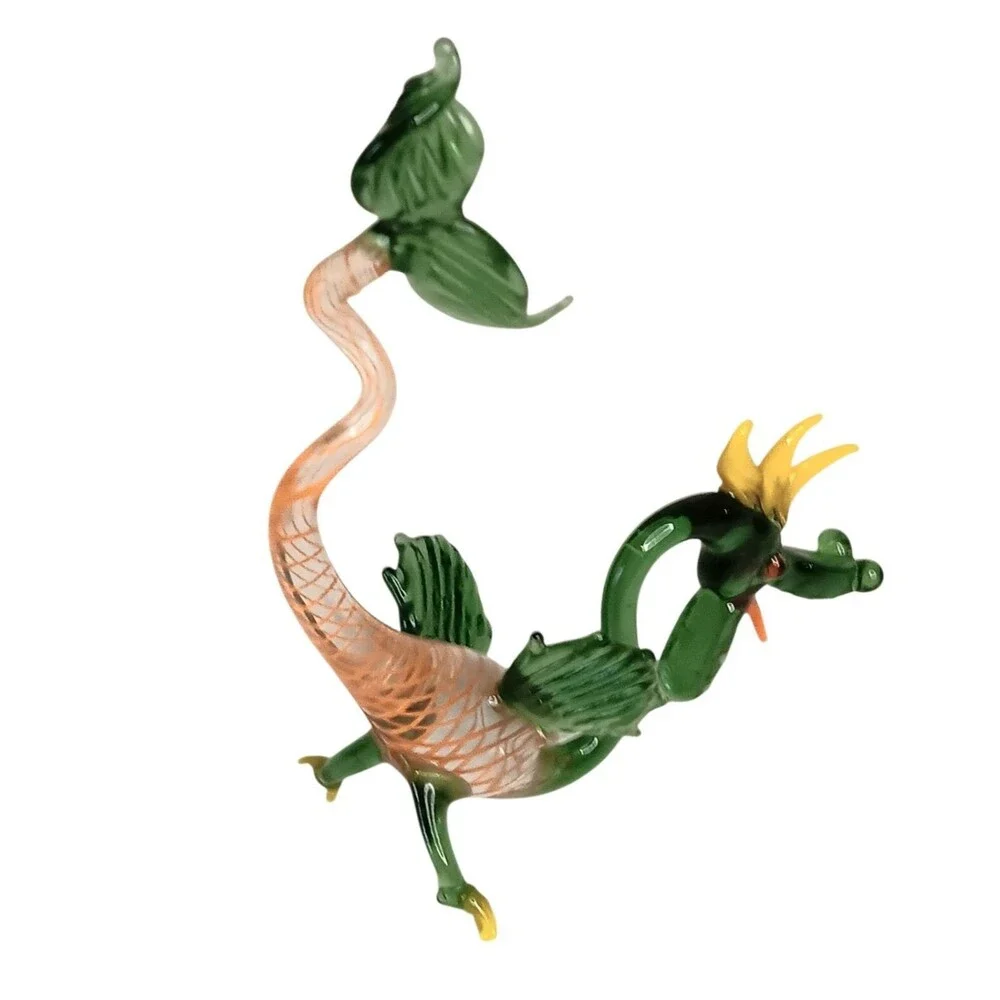VTG Miniature Hand Blown Glass Dragon Green Yellow Orange Tongue 5